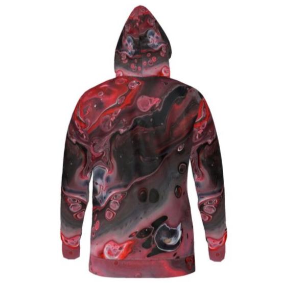 Hoodie with a red and black abstract pattern on a white background